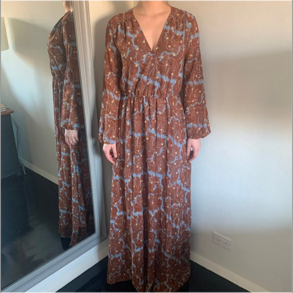 Aakaa Brown and Light Blue Floral Maxi Dress